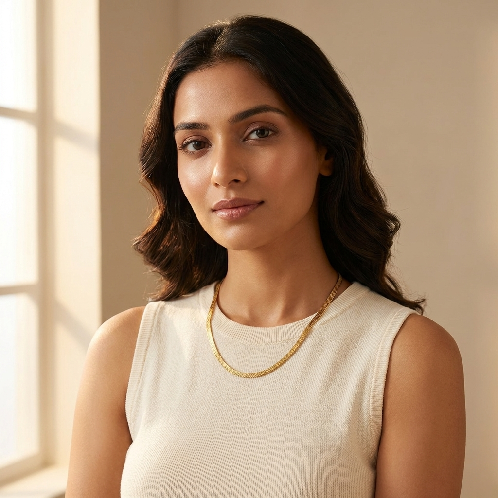 Gold-tone flat snake chain worn on a woman's neckline with a plain top