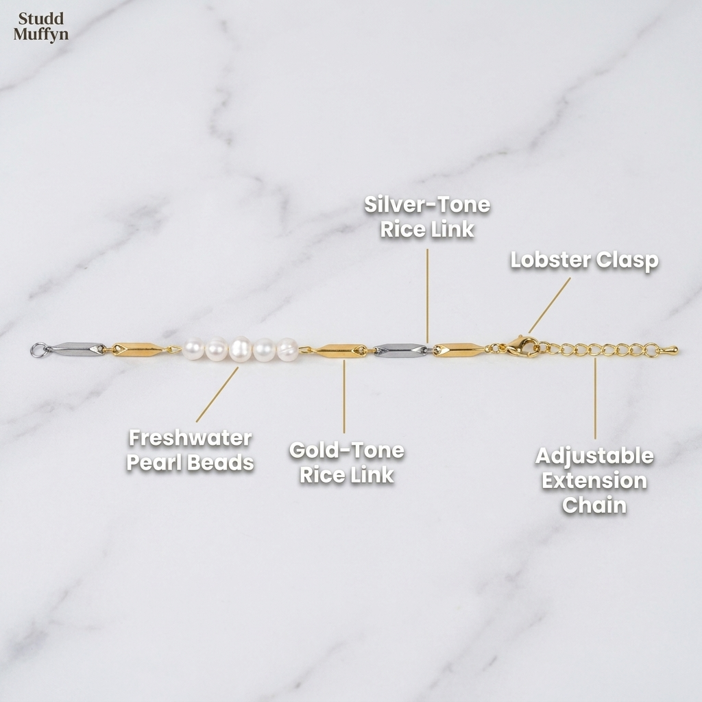 Anatomy breakdown of the pearl bracelet labelling pearls, gold rice link, silver rice link, lobster clasp and extension chain