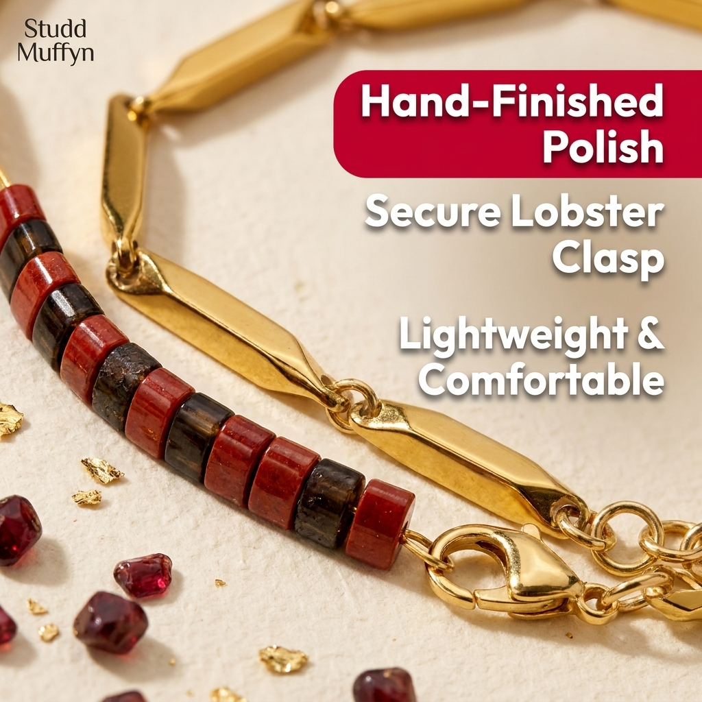 Macro of the Passion Golden Rice Bracelet finish with quality claims