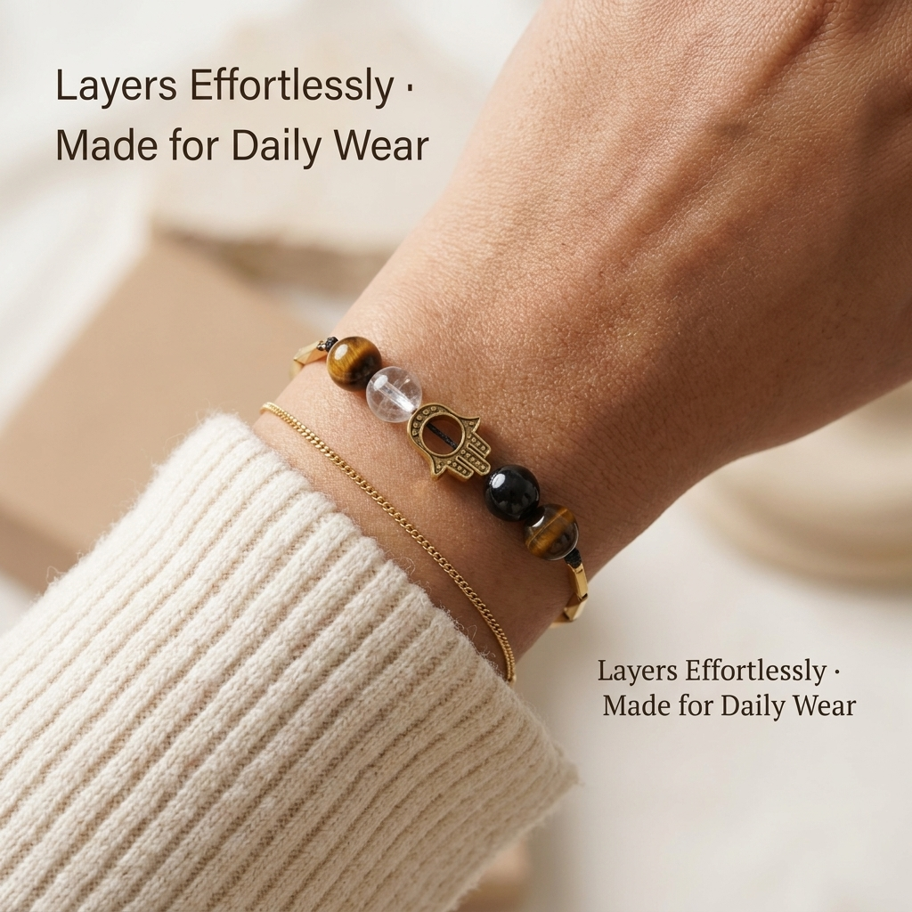 Nazar Sutra bracelet styled and layered on a woman's wrist with everyday outfit