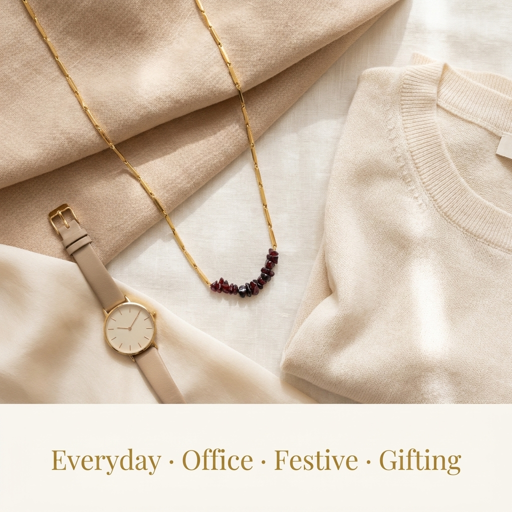 Necklace styled with a neutral outfit, shown layered for an everyday confident look