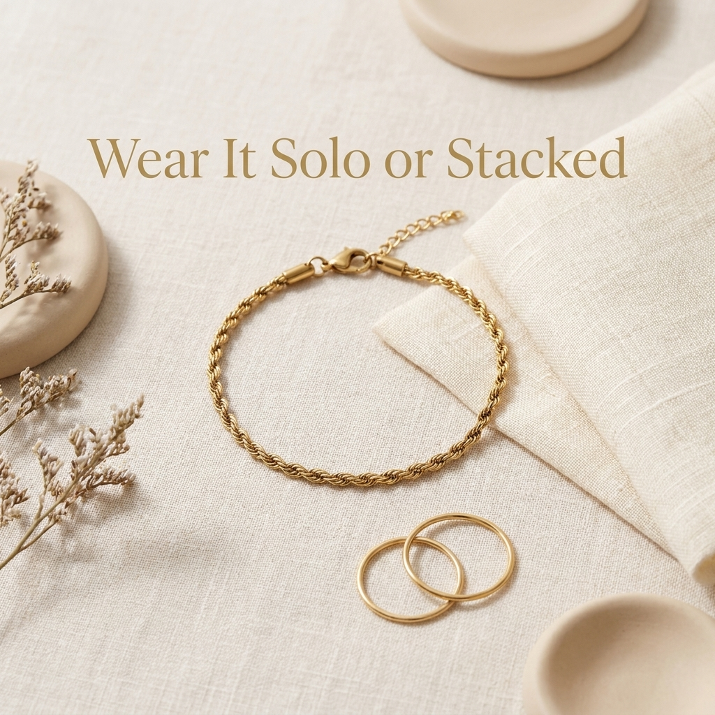 Gold-toned rope chain bracelet styled and stacked with other minimal gold pieces
