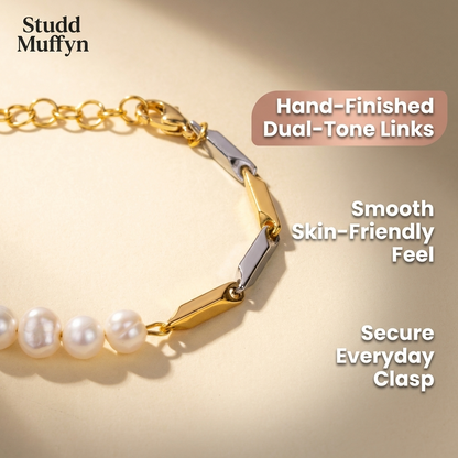 Macro craftsmanship shot of the bracelet showing hand-finished dual-tone links and secure clasp with quality claims
