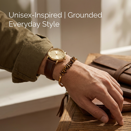 Man's wrist wearing the Tiger Eye rice chain bracelet, unisex styling