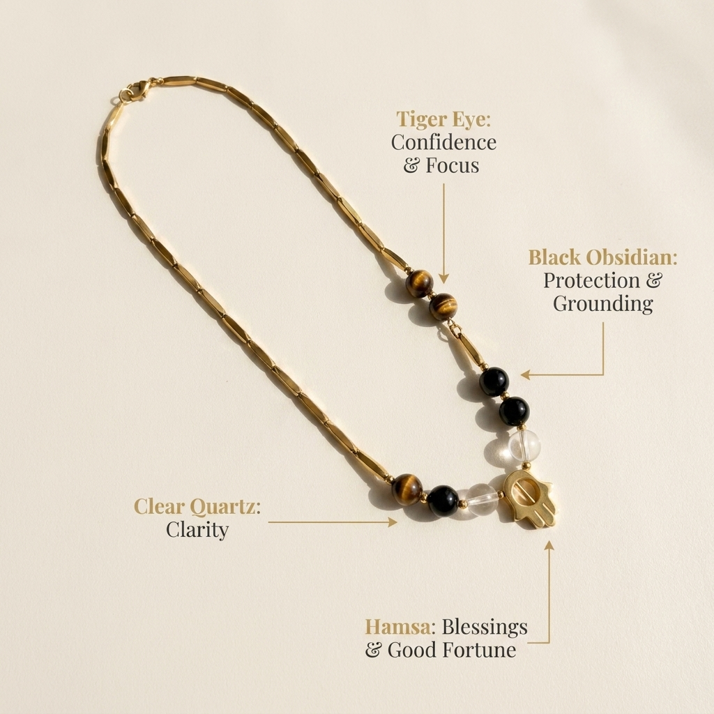 Infographic showing crystal meanings and features of the Hamsa rice chain necklace