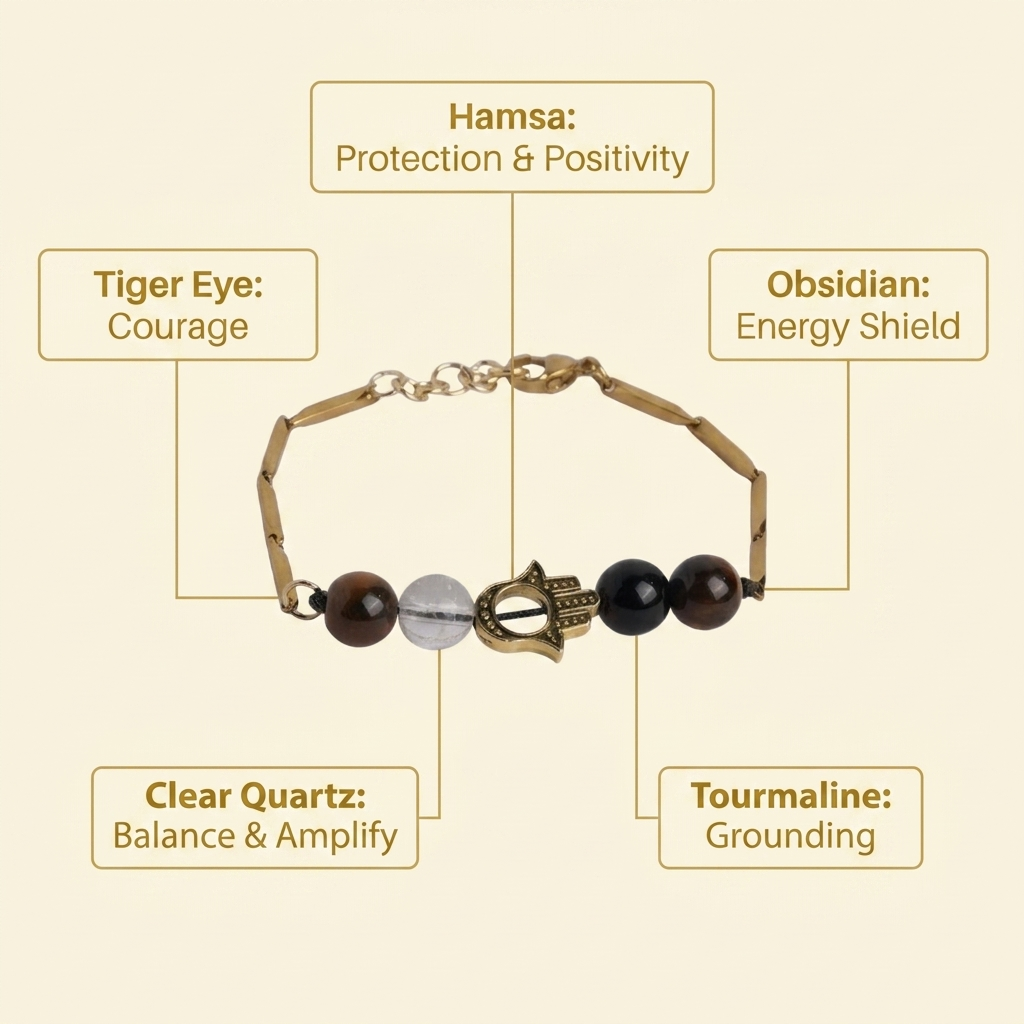 Infographic of Nazar Sutra bracelet crystal meanings and protection benefits