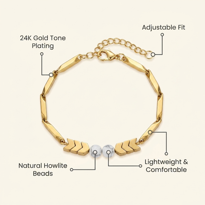 Infographic listing key benefits of the gold-tone Howlite rice chain bracelet