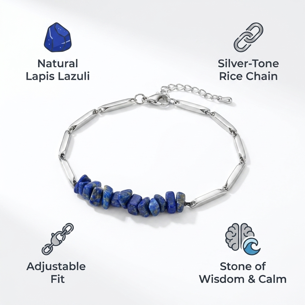 Infographic showing key features and lapis lazuli meaning of the bracelet