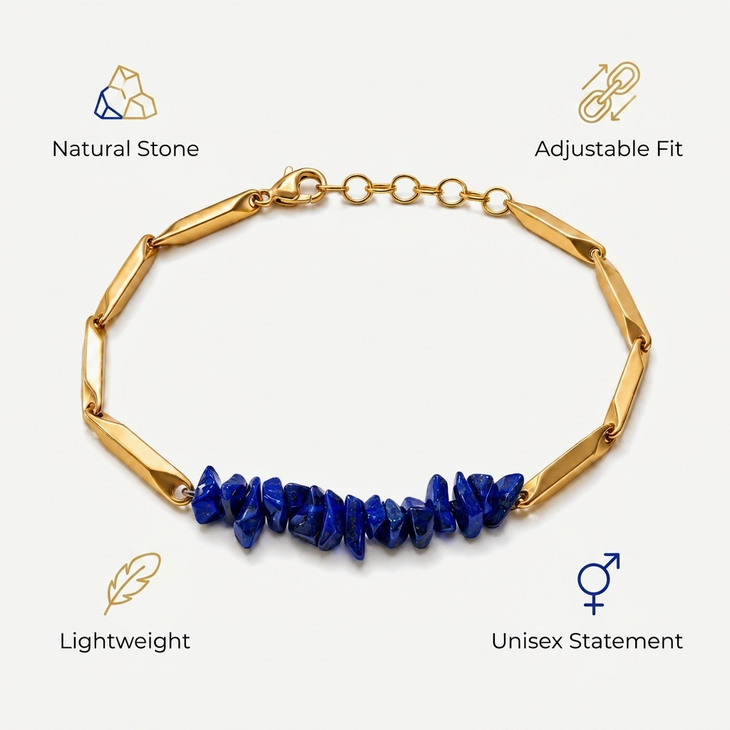 Infographic of Lapis Lazuli bracelet benefits: natural stone, adjustable fit, unisex, lightweight