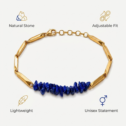 Infographic of Lapis Lazuli bracelet benefits: natural stone, adjustable fit, unisex, lightweight