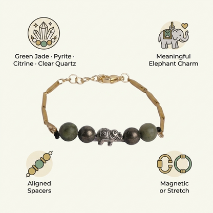 Infographic highlighting the crystal blend, elephant charm, spacers and two closure options