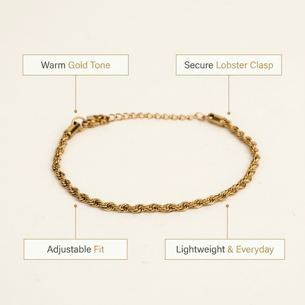 Benefits infographic for the gold-toned rope chain bracelet on a clean background