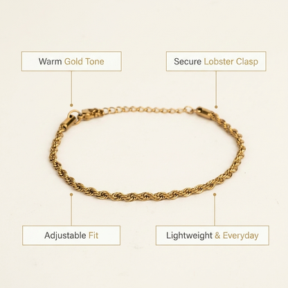 Benefits infographic for the gold-toned rope chain bracelet on a clean background