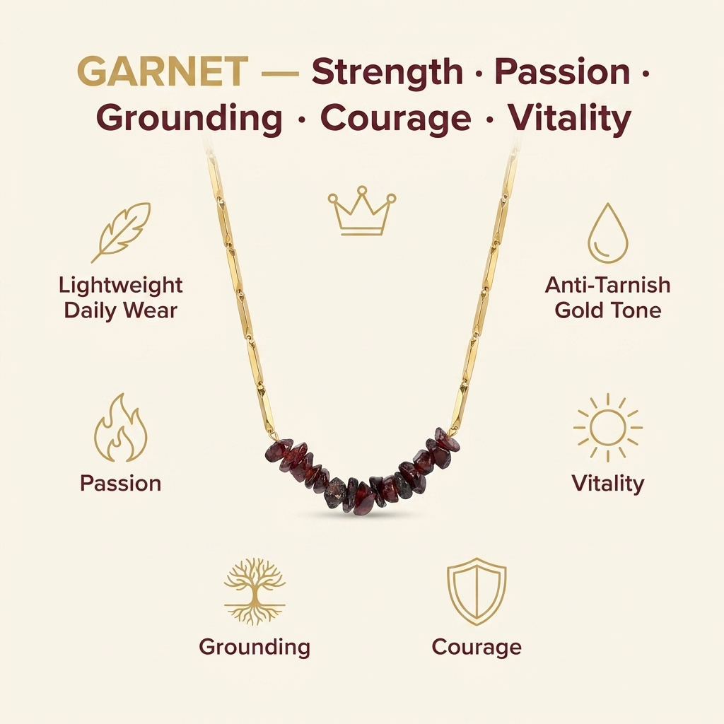 Infographic highlighting Garnet crystal meaning and necklace features