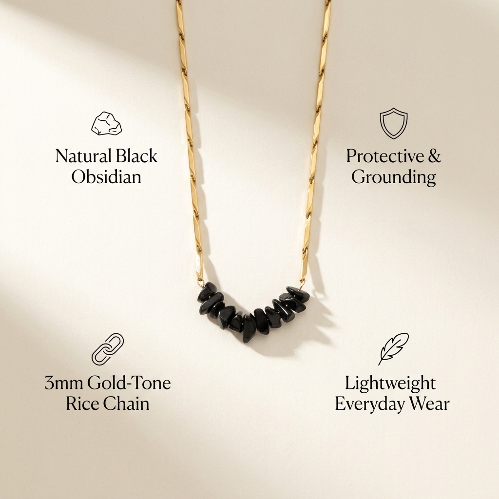 Infographic listing key benefits of the Obsidian rice chain pendant