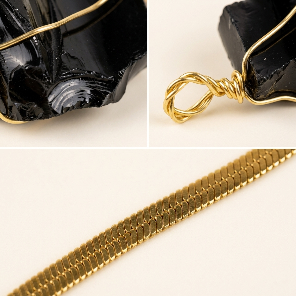 Sharp macro collage of the obsidian stone, wire wrap and chain clasp, no text