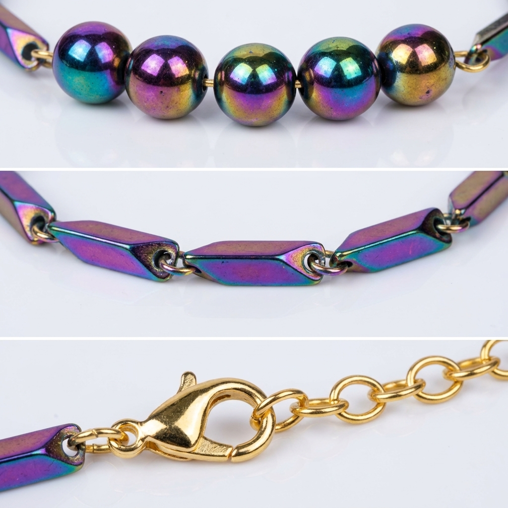 Sharp macro detail crops of the Prism Hematite beads, rice links and clasp