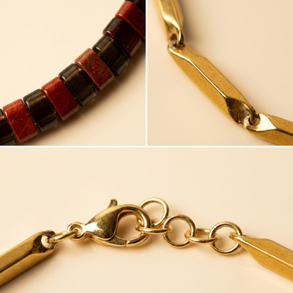 Sharp macro detail crops of the Garnet beads, rice links and clasp