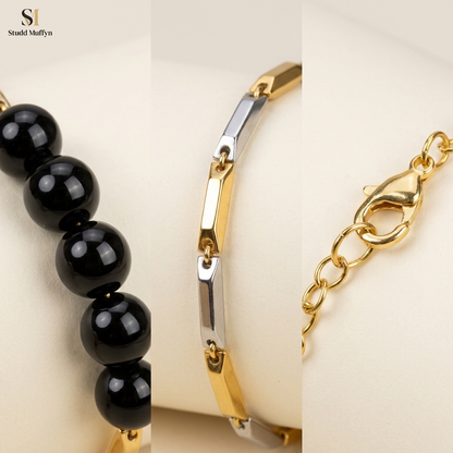 Razor-sharp macro collage of the Black Obsidian beads, dual-tone rice links and gold lobster clasp