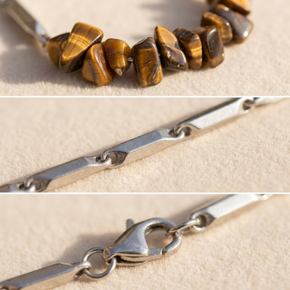Razor-sharp macro of the Tiger Eye chips and clasp