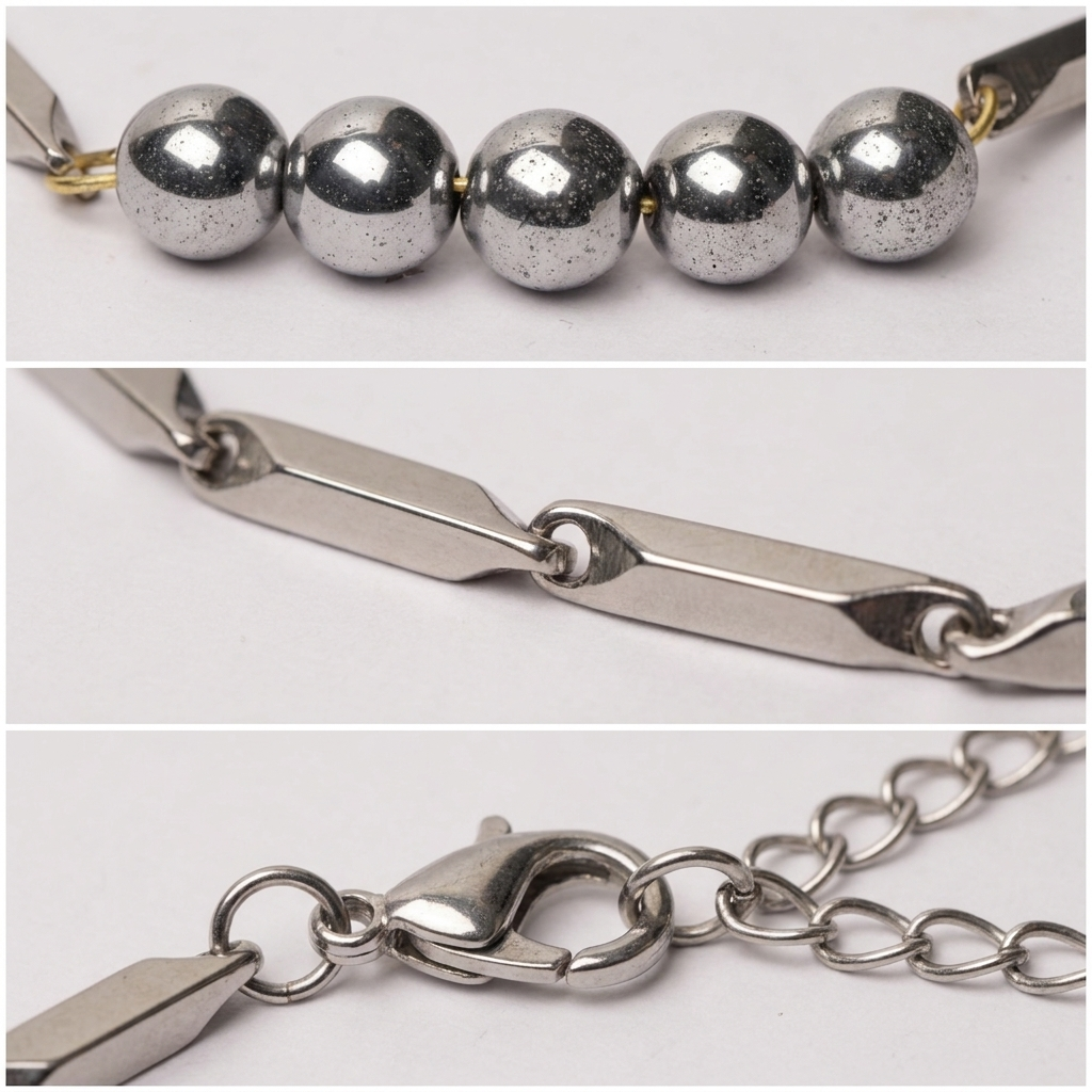 Macro detail crops of the Hematite beads, rice links and clasp