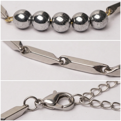 Macro detail crops of the Hematite beads, rice links and clasp