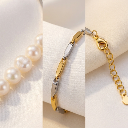 Macro collage of pearl surface lustre, gold and silver rice links, and the lobster clasp detail, no text