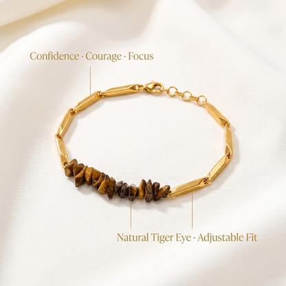 Infographic of Tiger Eye bracelet benefits with the product on a clean background