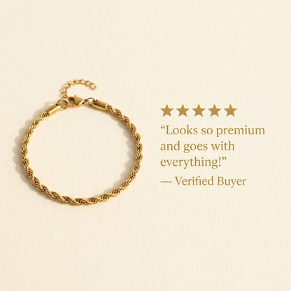 Five-star customer review card featuring the gold-toned rope chain bracelet