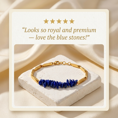 Five-star customer review card for the Lapis Lazuli crystal rice chain bracelet