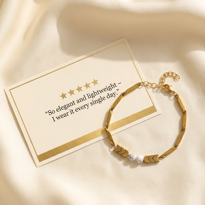 Five-star customer review card featuring the Howlite rice chain bracelet