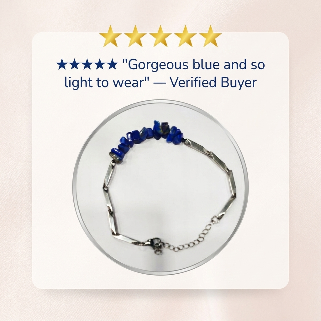 Five-star review card featuring the lapis lazuli silver bracelet