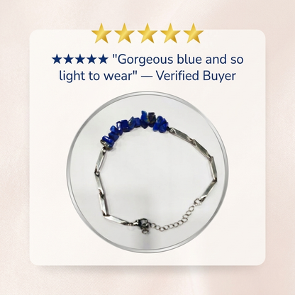 Five-star review card featuring the lapis lazuli silver bracelet