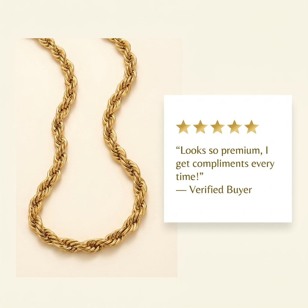 Five-star customer review card featuring the gold-toned rope chain