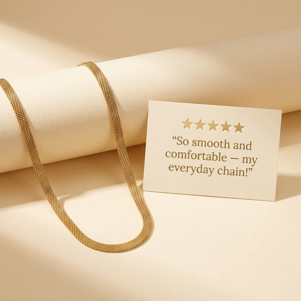 Five-star customer review card with the gold-tone flat snake chain