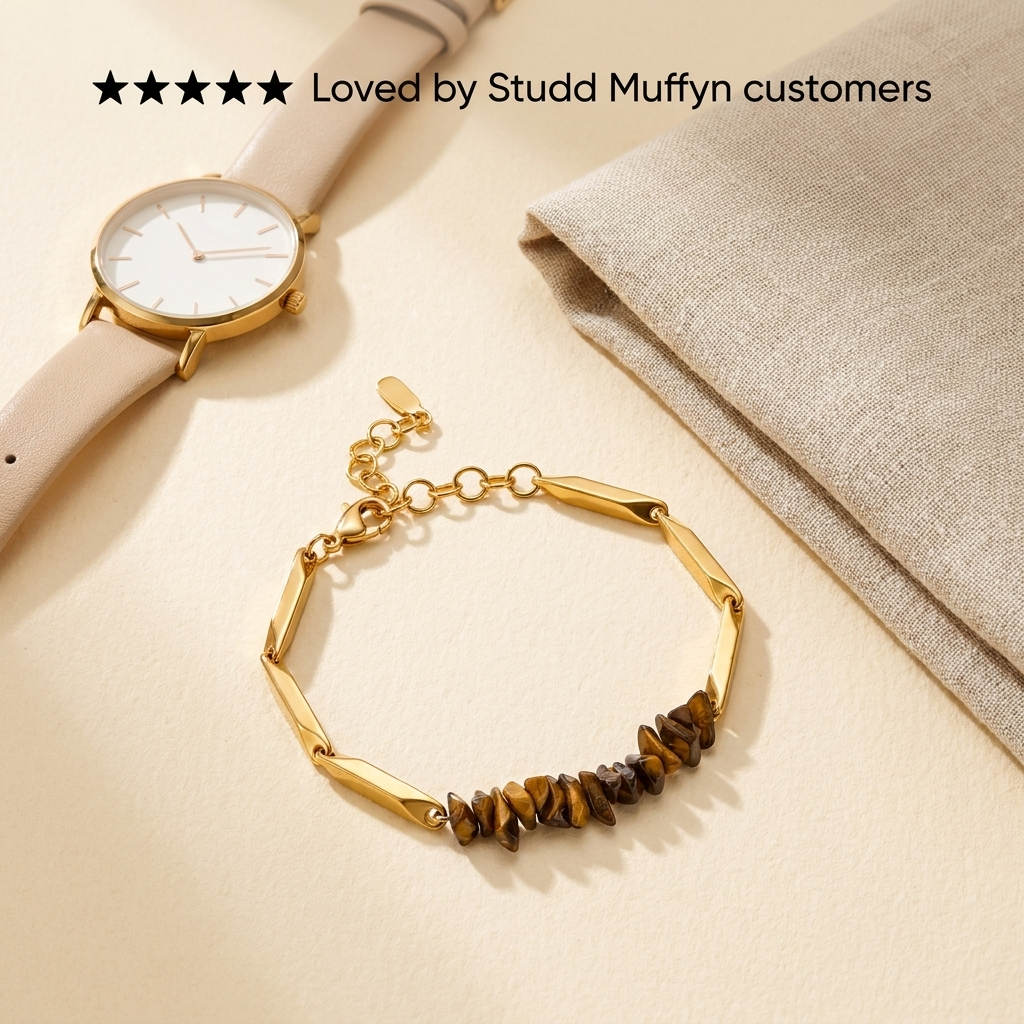 Tiger Eye rice chain bracelet styled flat-lay with a five-star review theme