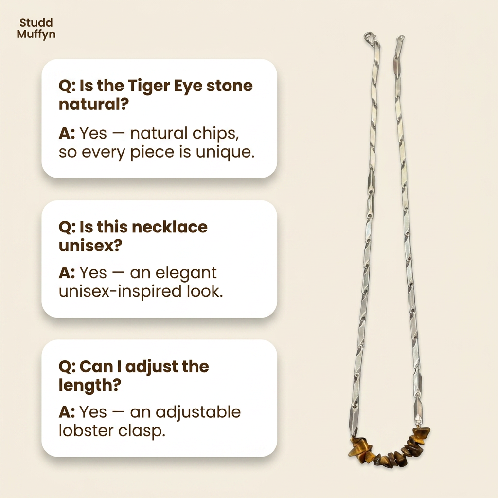 FAQ cards about the Tiger Eye necklace