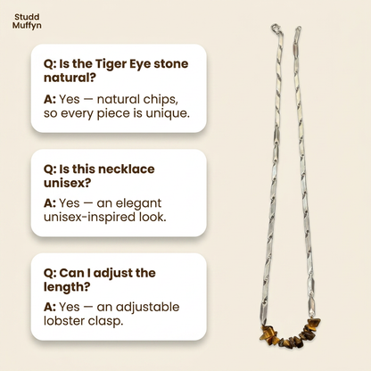 FAQ cards about the Tiger Eye necklace