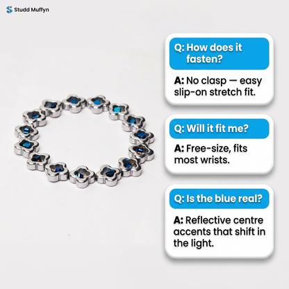 FAQ card layout for the silver blue clover bracelet