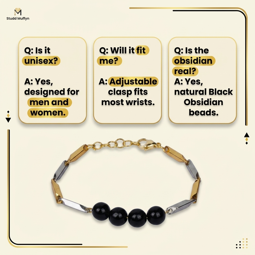 FAQ card layout answering fit, unisex suitability and stone authenticity for the Black Obsidian bracelet