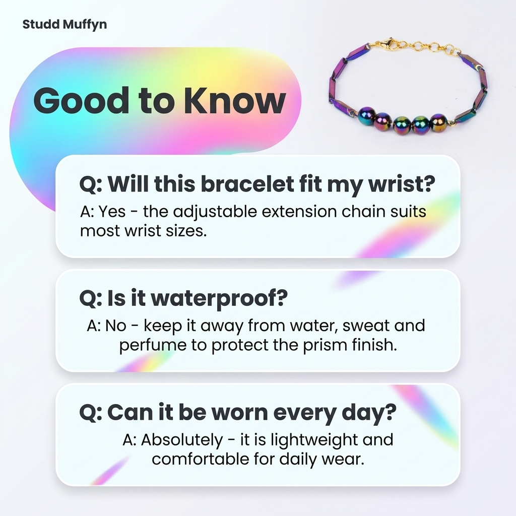 FAQ cards answering common questions about the Prism Hematite bracelet