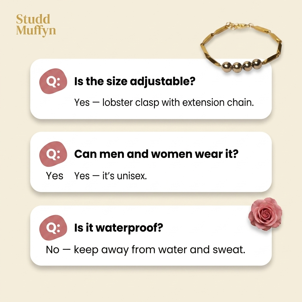 FAQ cards for the Golden Hematite Rice Bracelet