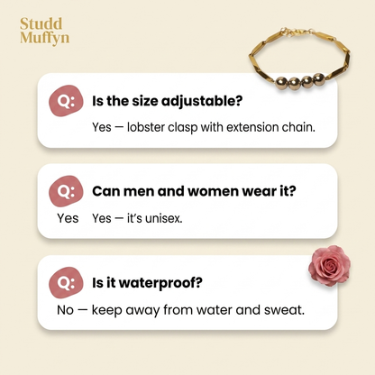 FAQ cards for the Golden Hematite Rice Bracelet