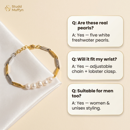 Clean FAQ card layout answering questions about real pearls, wrist fit and daily wear
