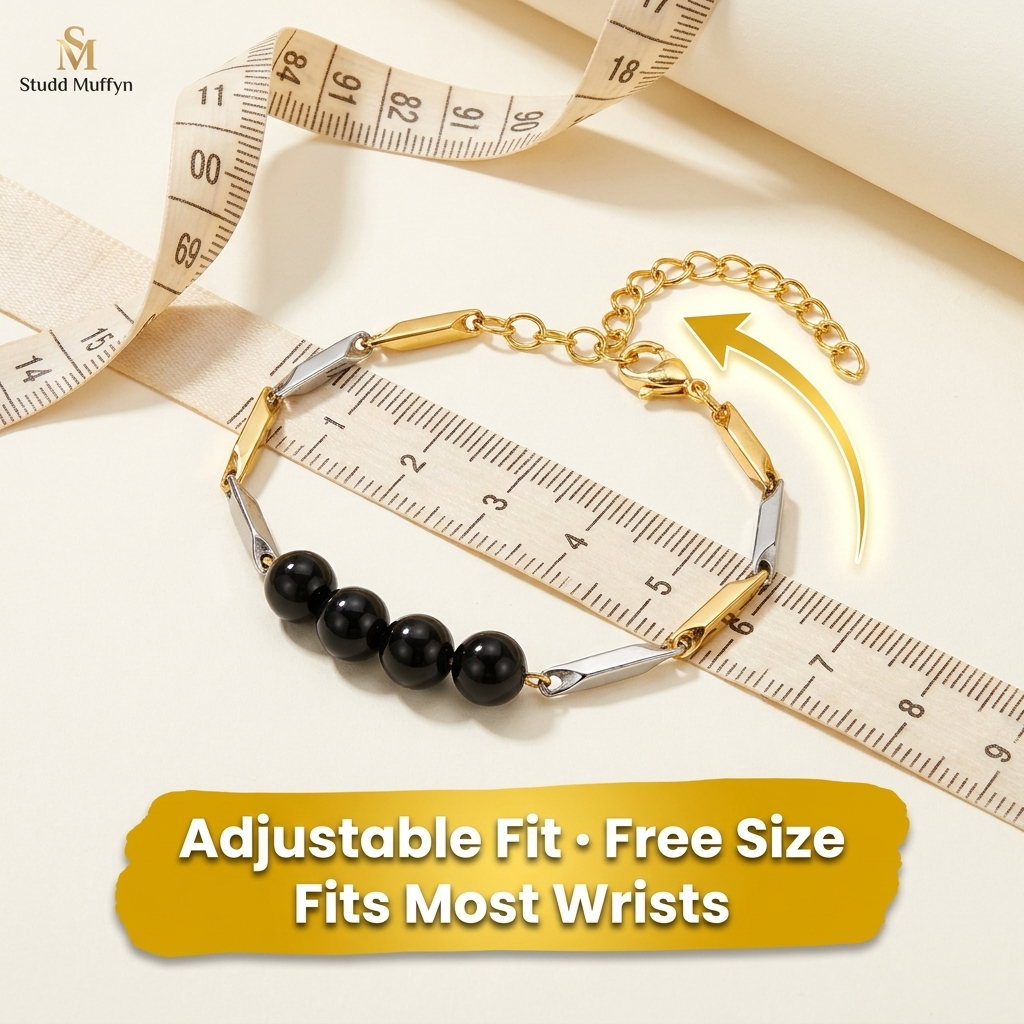 Black Obsidian bracelet on a tape-measure frame highlighting adjustable free-size fit