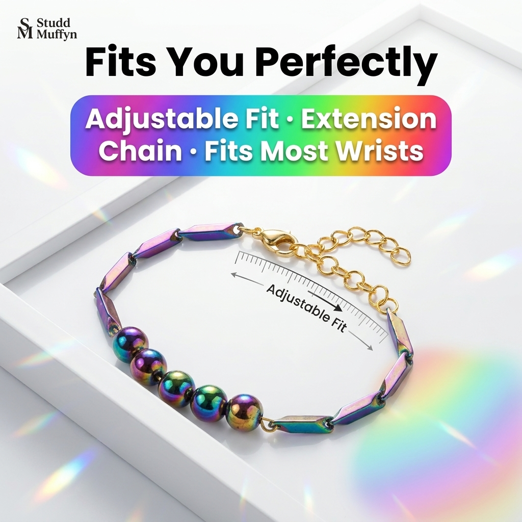 Prism Hematite bracelet on a clean scale frame showing adjustable fit