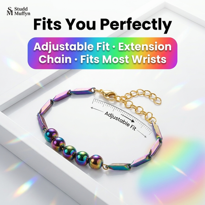 Prism Hematite bracelet on a clean scale frame showing adjustable fit