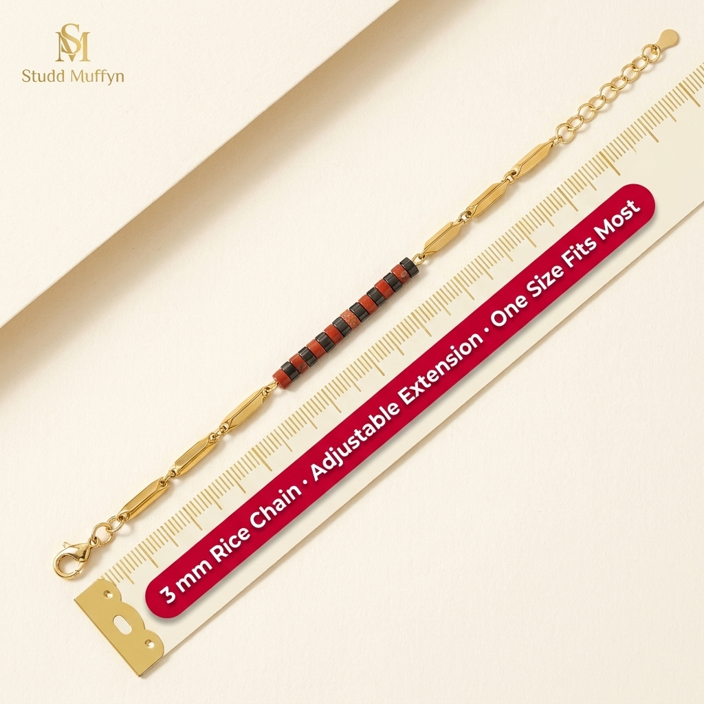Passion Golden Rice Bracelet on a measuring frame with size callouts