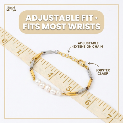 Bracelet on a soft tape-measure frame highlighting its adjustable fit for most wrists