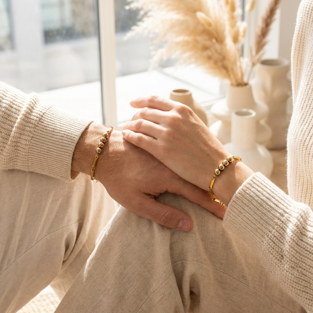 A woman and a man each wearing the Golden Hematite Rice Bracelet on the wrist